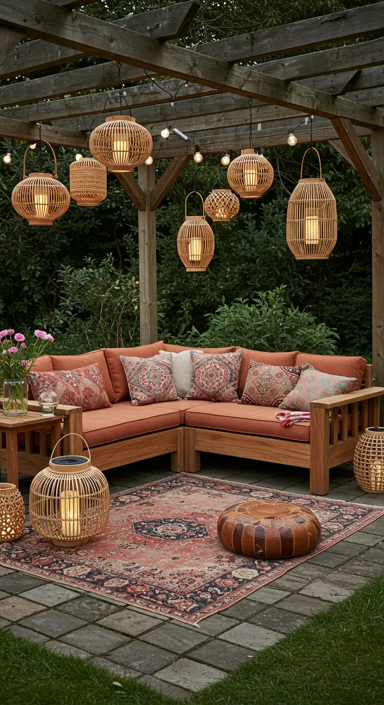 Canapé d'extérieur en bois sous une pergola, avec des lanternes en rotin suspendues et un tapis persan.