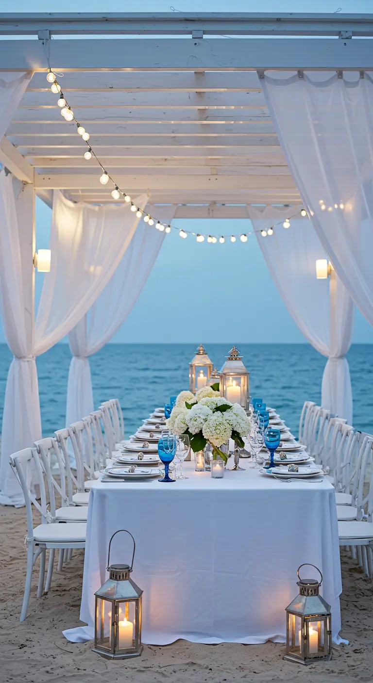 Pergola blanche drapée de voiles et guirlandes lumineuses sur la plage, table élégante avec fleurs blanches.