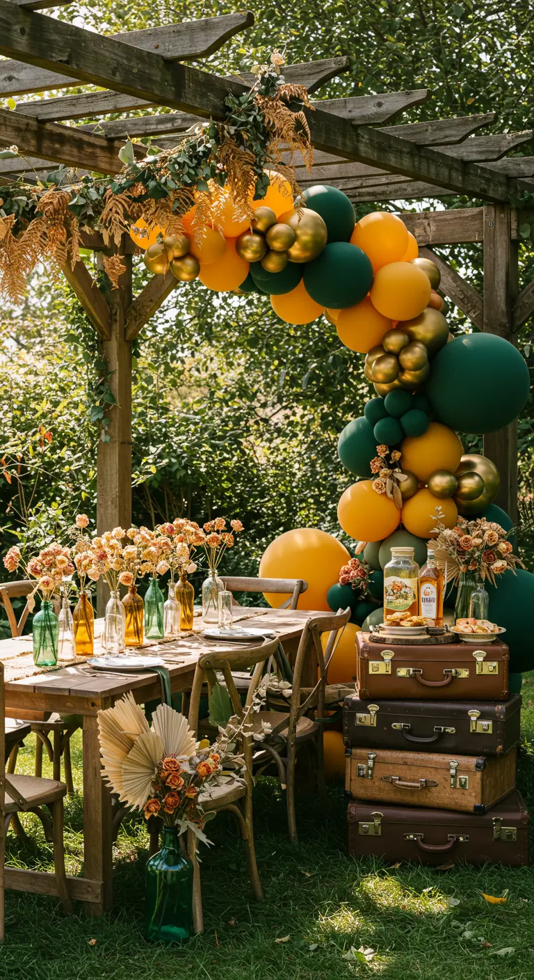 Fête sous une pergola en bois avec arche de ballons verts, oranges et dorés, valises anciennes.