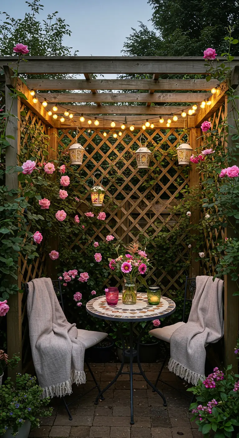 Pergola en bois avec rosiers roses, guirlandes lumineuses et petites lanternes suspendues.