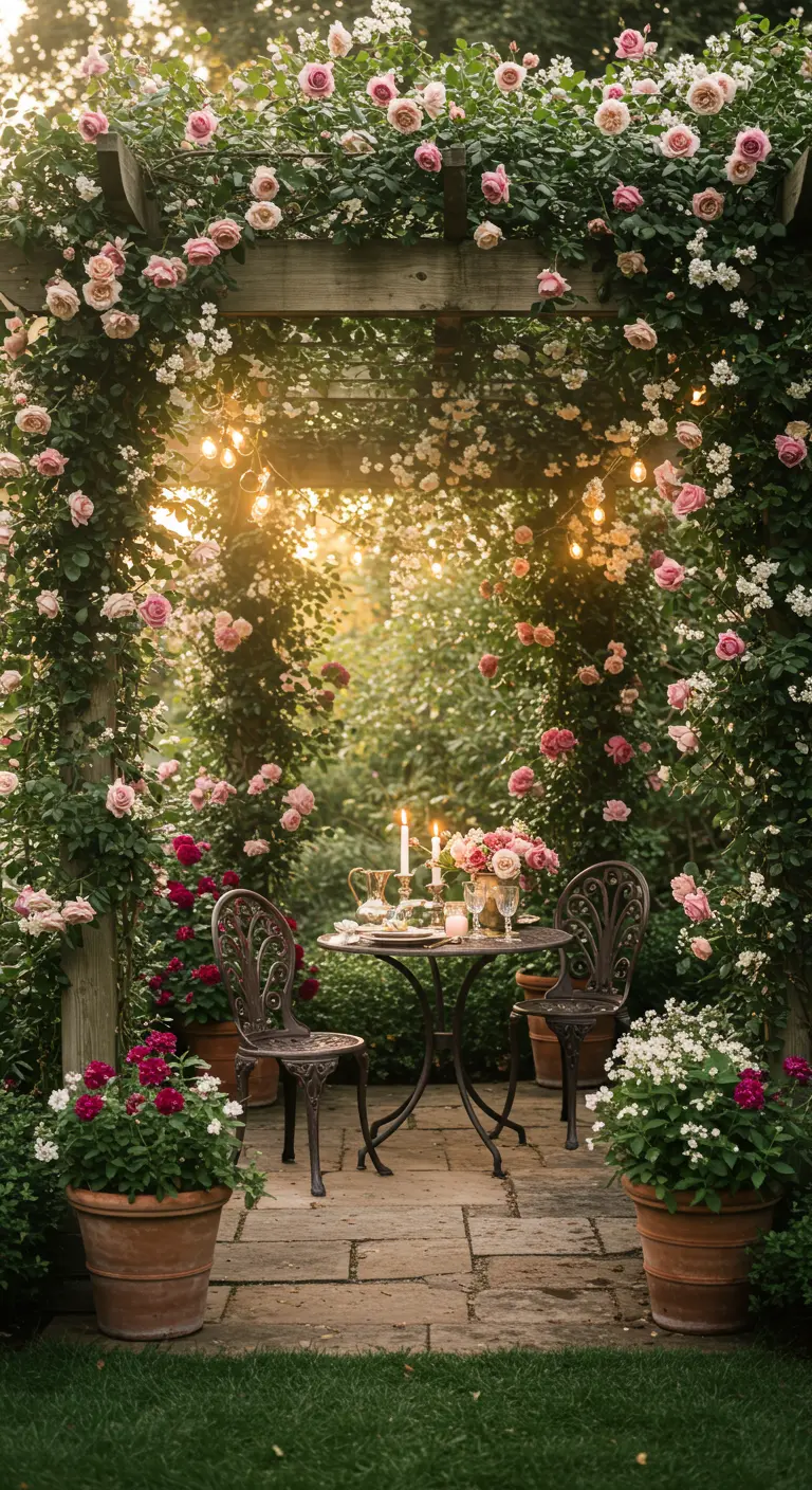 Bistro set sous une pergola fleurie de rosiers roses, avec guirlandes lumineuses et bougies sur la table.