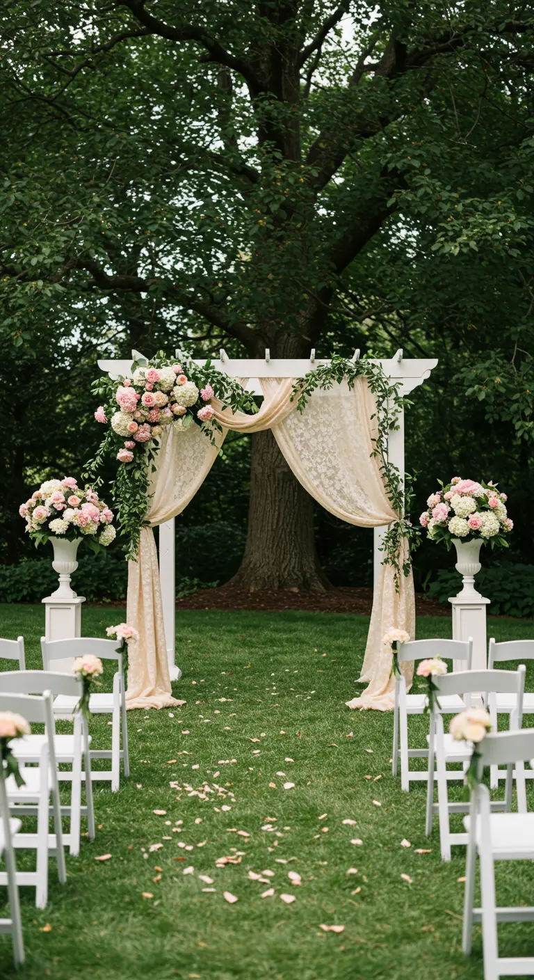 Pergola de mariage blanche dans un jardin avec tissu en dentelle pêche, hortensias et roses roses/blanches.