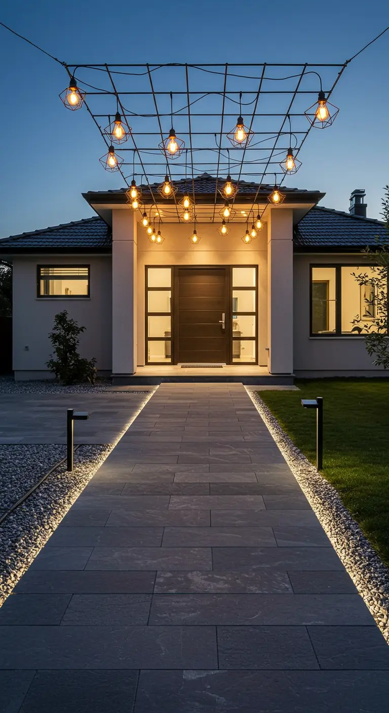 Entrée de maison moderne avec une pergola métallique illuminée de guirlandes à filaments et des bandes LED sur l'allée.