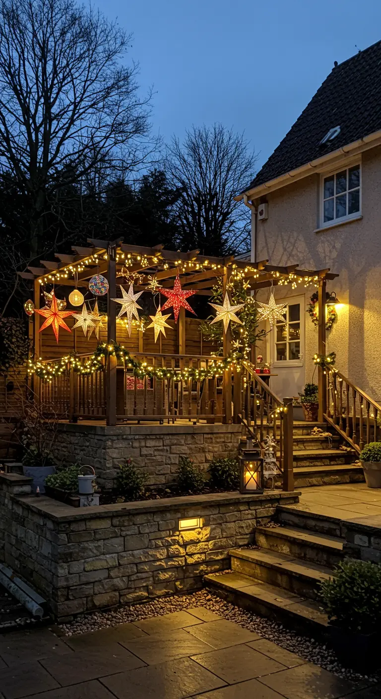 Terrasse avec pergola décorée de guirlandes et de grandes étoiles lumineuses pour Noël.