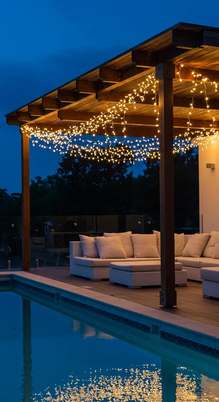Pergola en bois au-dessus d'une piscine, éclairée par des guirlandes lumineuses à LED en cascade.