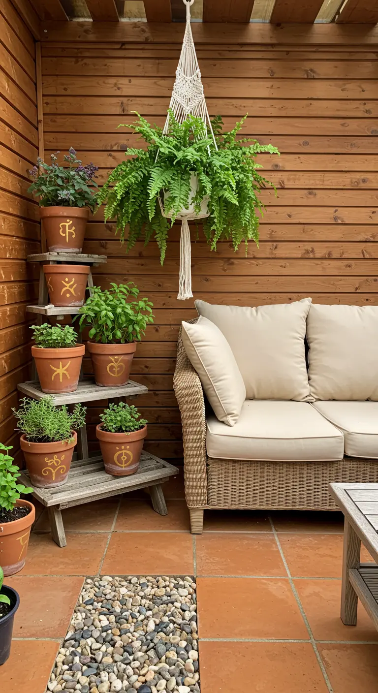 Pots en terre cuite peints en or avec des herbes aromatiques sur une étagère en bois.