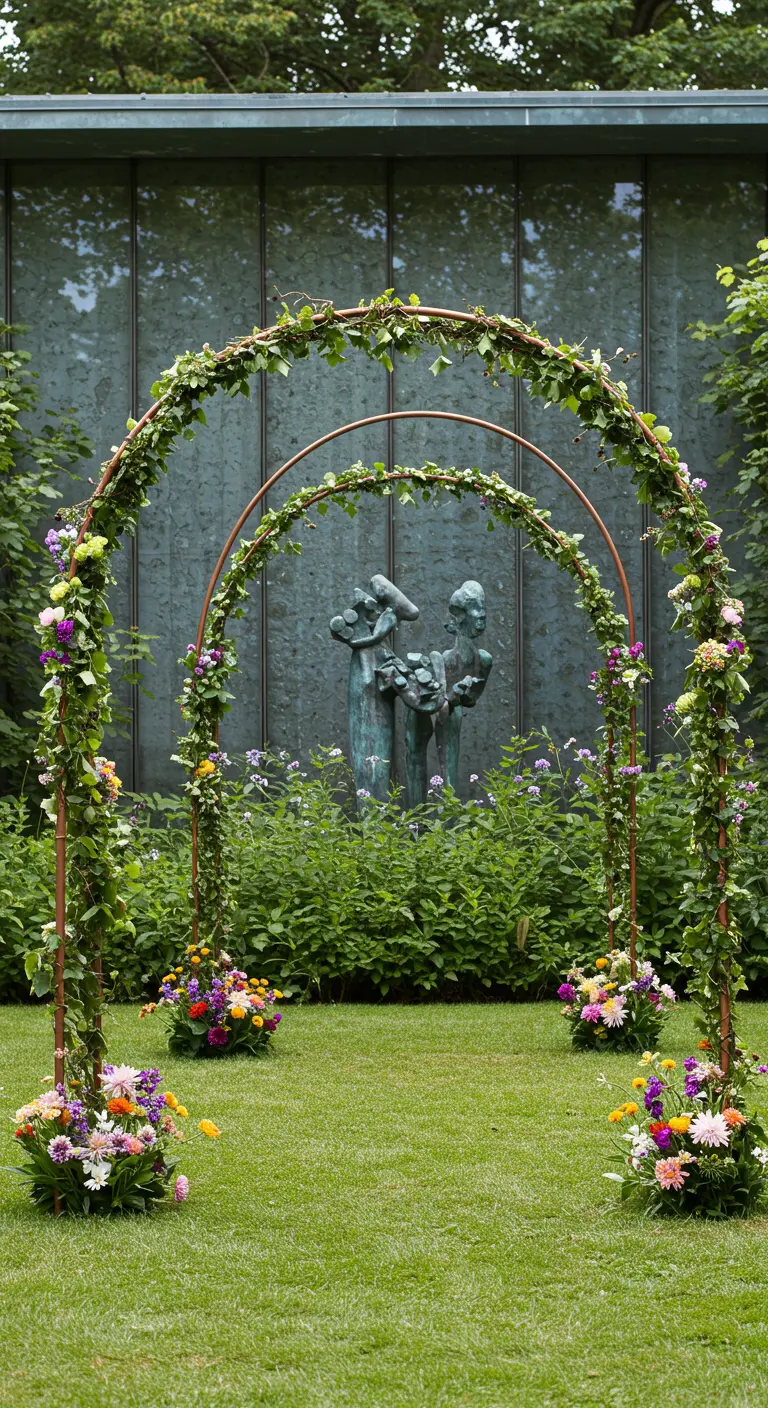 Trois arches de mariage en cuivre de tailles différentes dans un jardin fleuri.