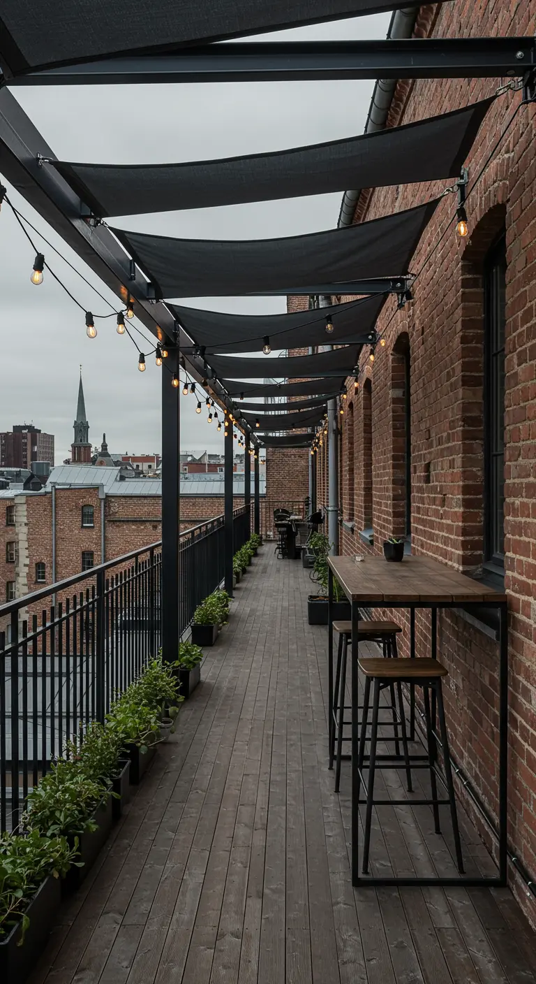 Long balcon industriel avec plusieurs pergolas noires et des tables hautes.