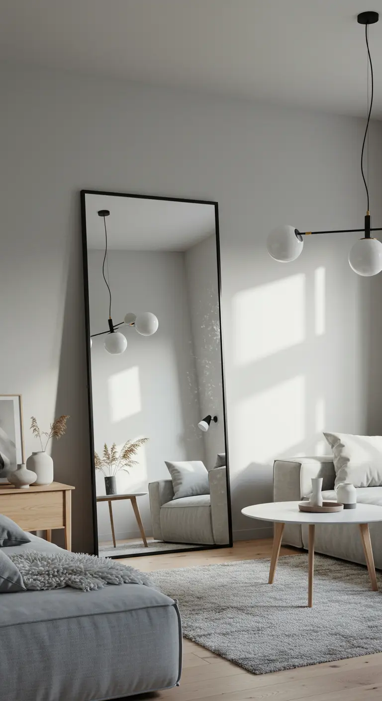 Grand miroir rectangulaire noir posé contre un mur gris clair, reflétant un luminaire moderne.