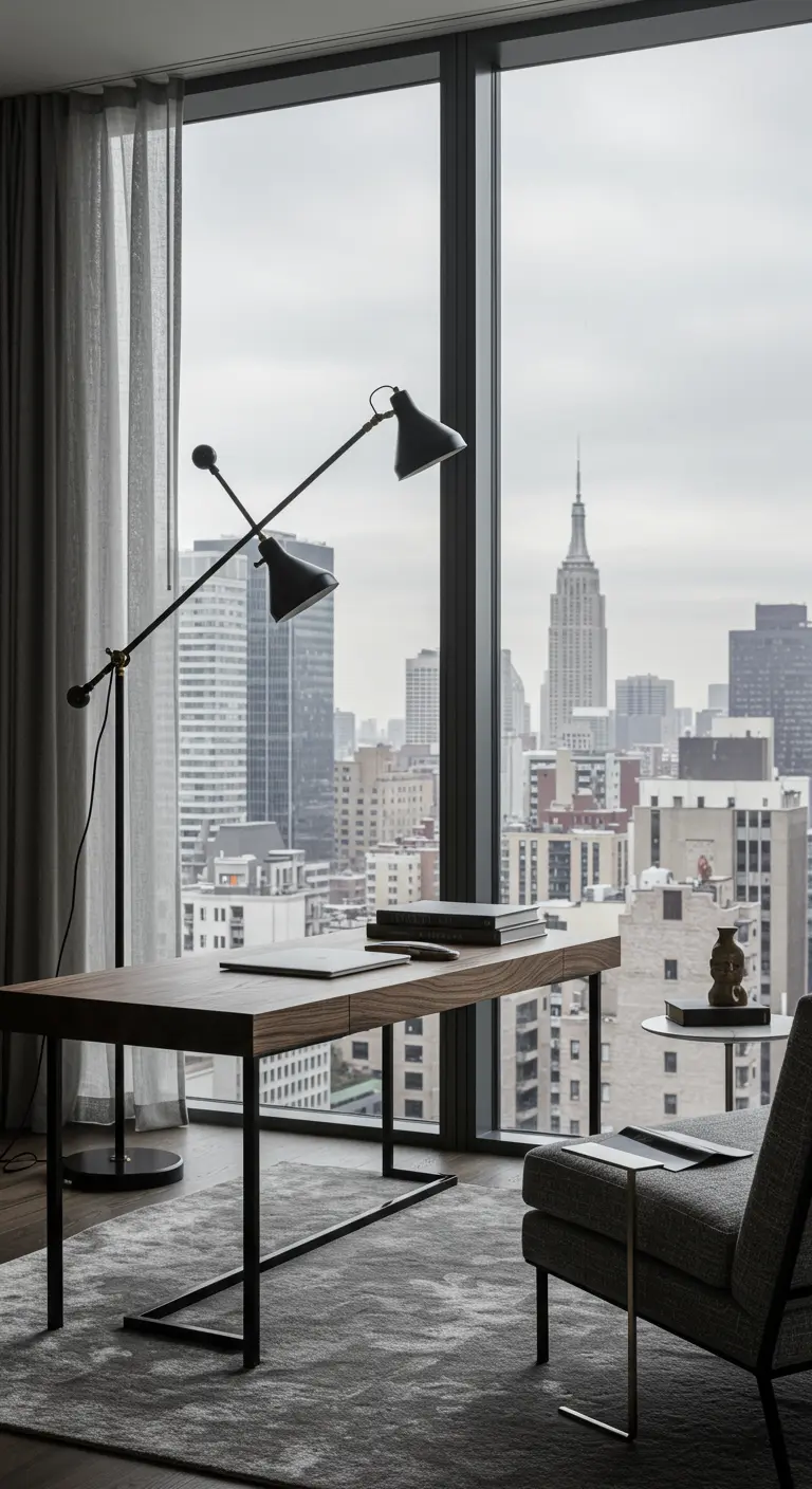 Bureau minimaliste en bois et métal devant une grande baie vitrée avec vue sur la ville.