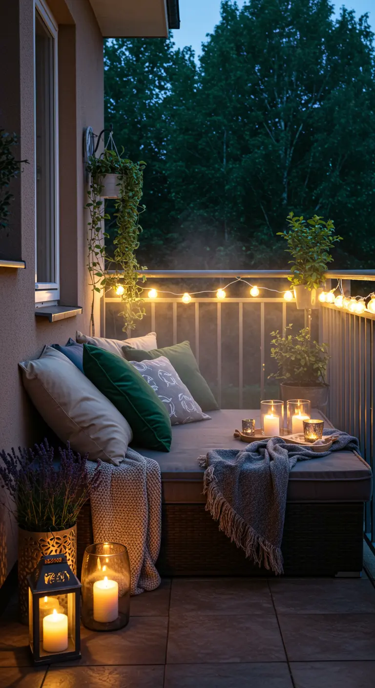 Petit balcon cosy avec banc rembourré, coussins, plaids, guirlandes lumineuses, lanternes et lavande.