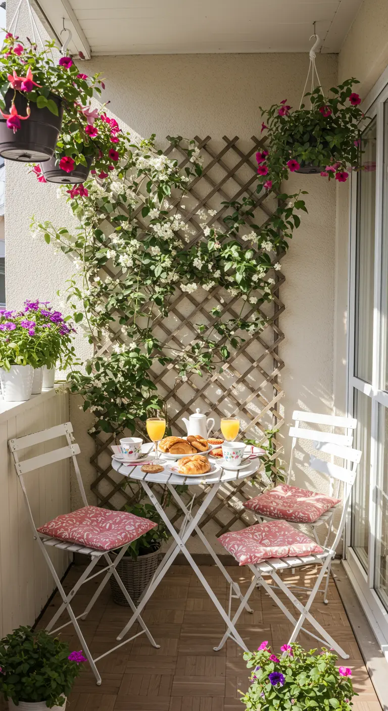 Coin petit-déjeuner sur un balcon avec des fleurs grimpantes et des pots suspendus.