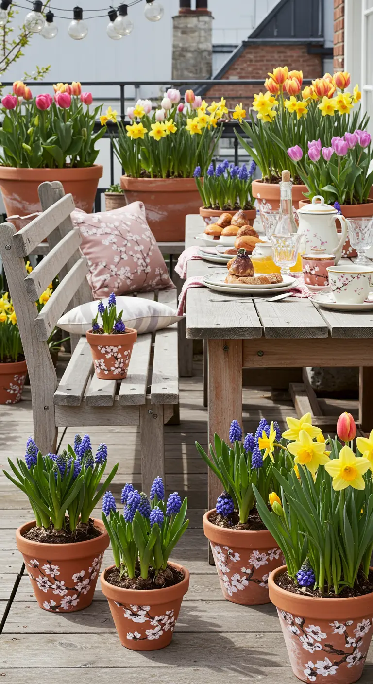 Table de petit-déjeuner sur une terrasse entourée de pots de tulipes et jonquilles.