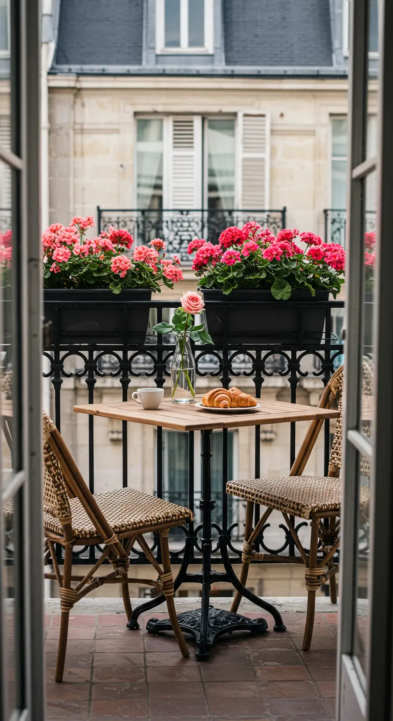 Table de bistrot avec croissants et café sur un balcon parisien fleuri de géraniums.