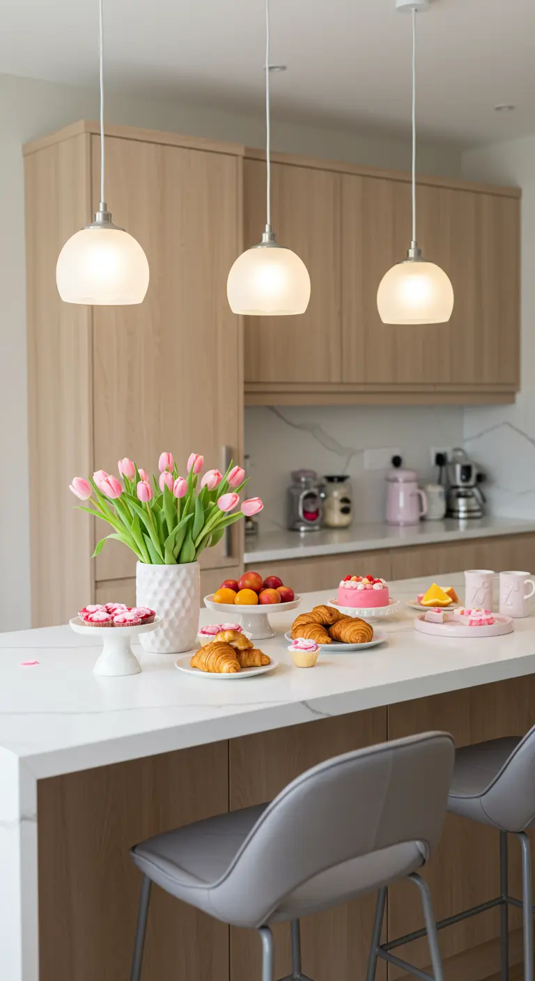 Îlot de cuisine avec petit-déjeuner pastel, tulipes roses et suspensions blanches.