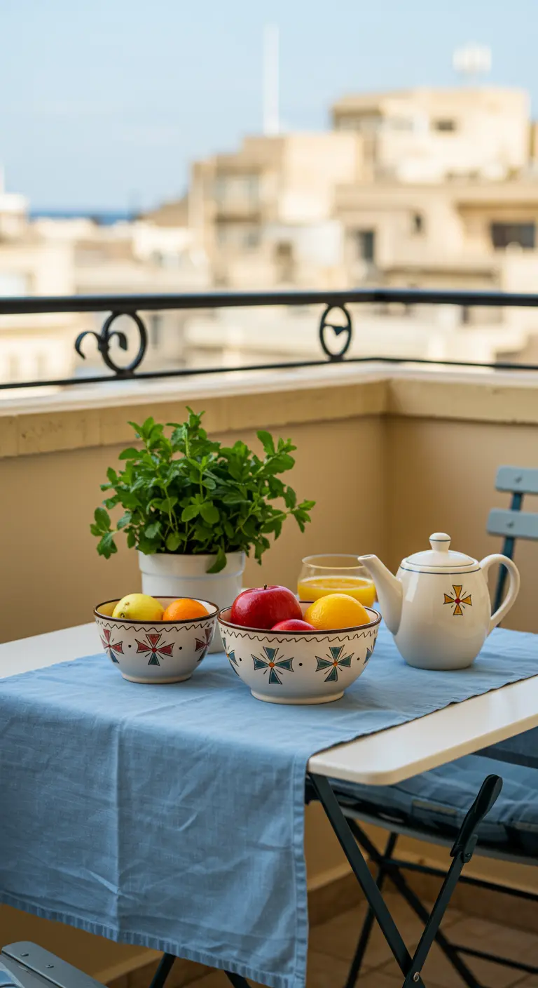 Petite table de balcon avec une nappe bleue et des fruits.