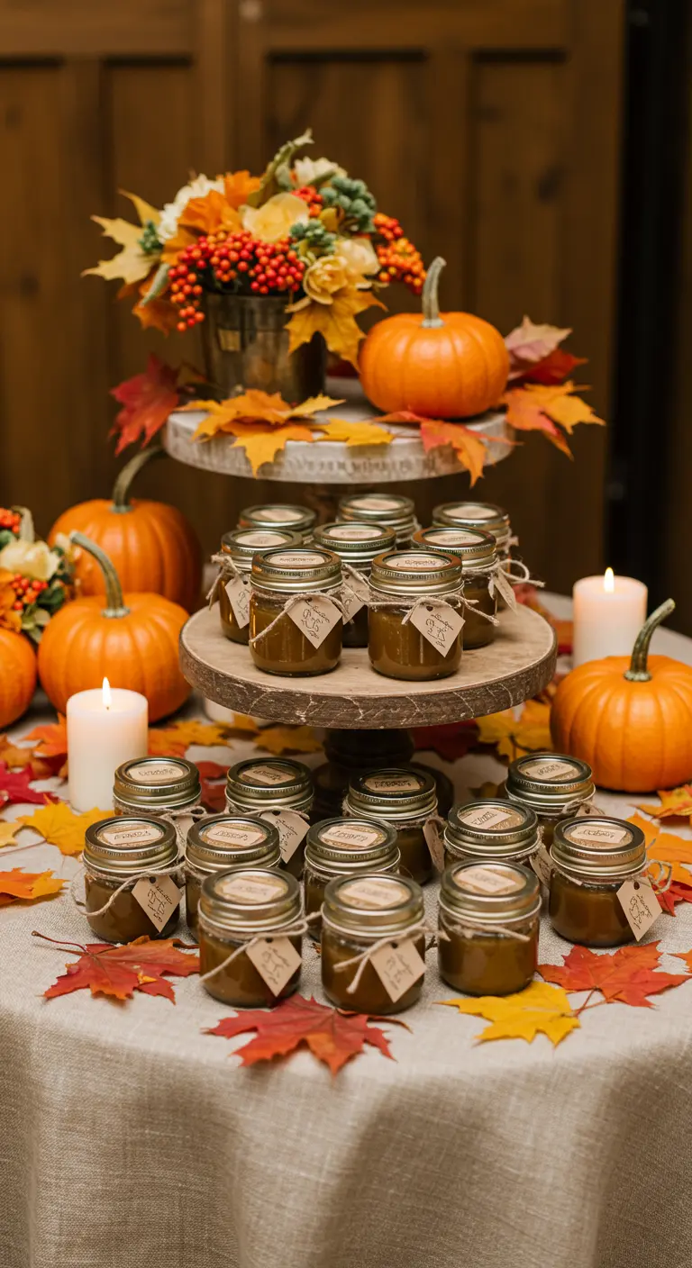 Cadeaux d'invités : petits pots de confiture d'automne sur un présentoir en bois.