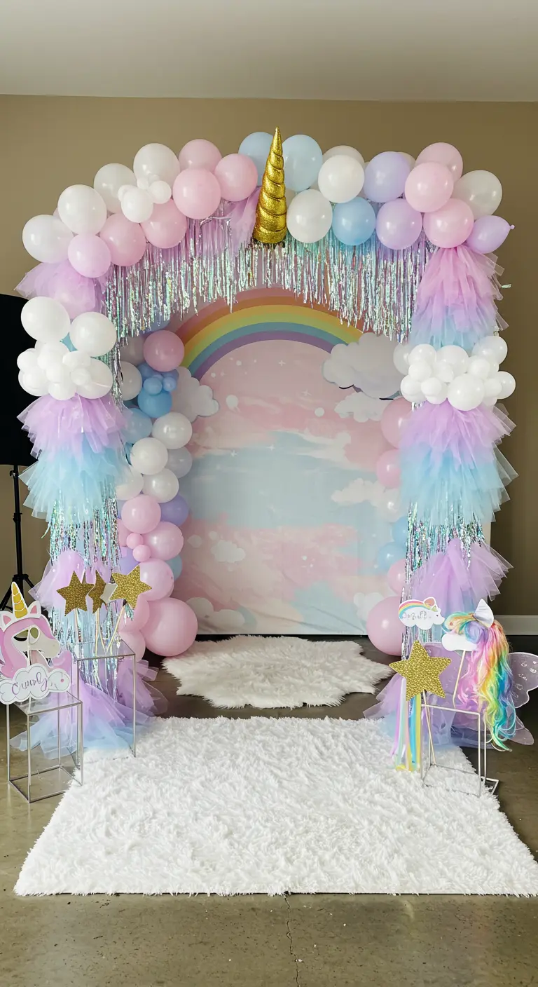Photobooth licorne avec arche de ballons pastel, fond arc-en-ciel et tapis moelleux.