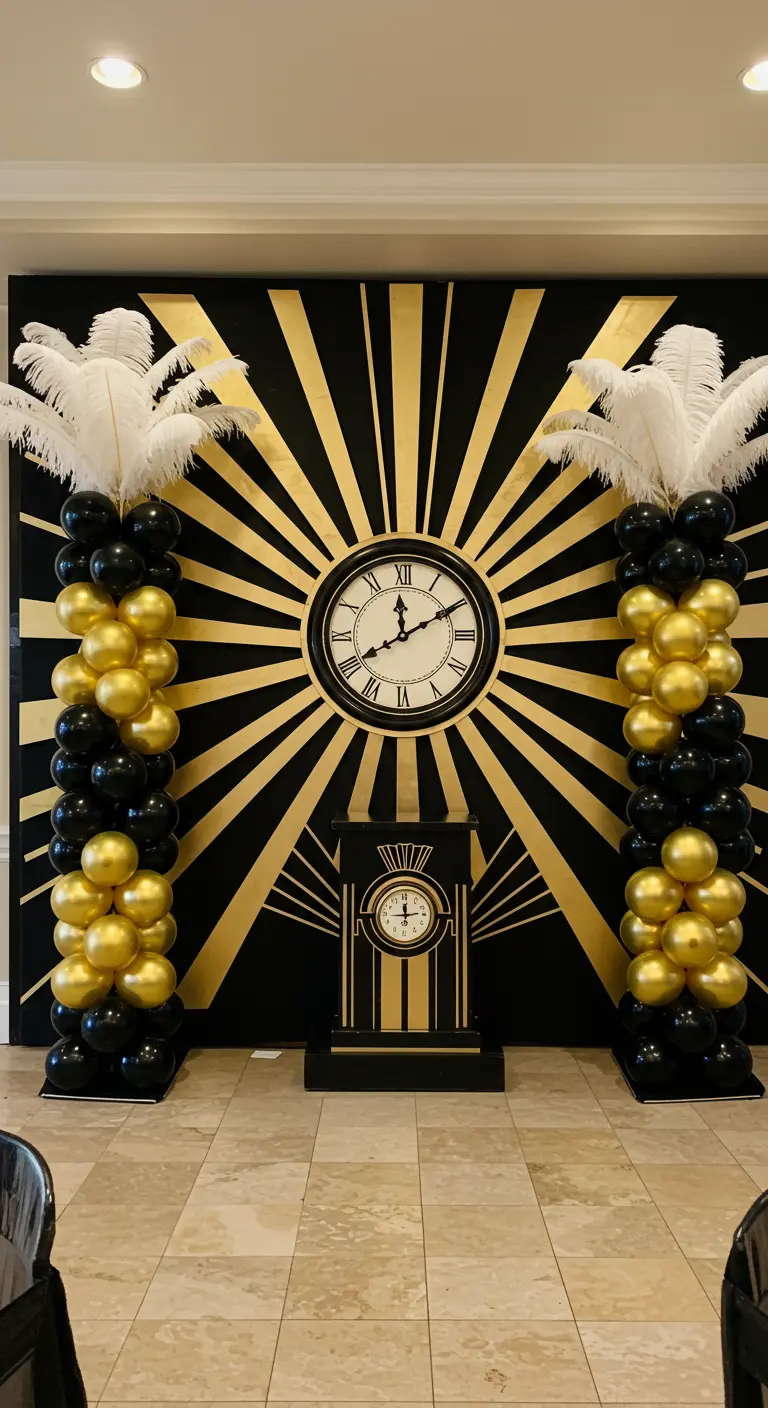 Décor Art Déco noir et or avec une horloge centrale et des colonnes de ballons.