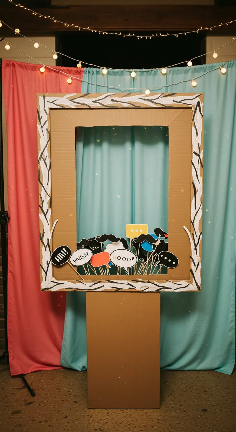 Cadre de photobooth DIY en carton décoré de bulles de dialogue, devant des rideaux colorés.