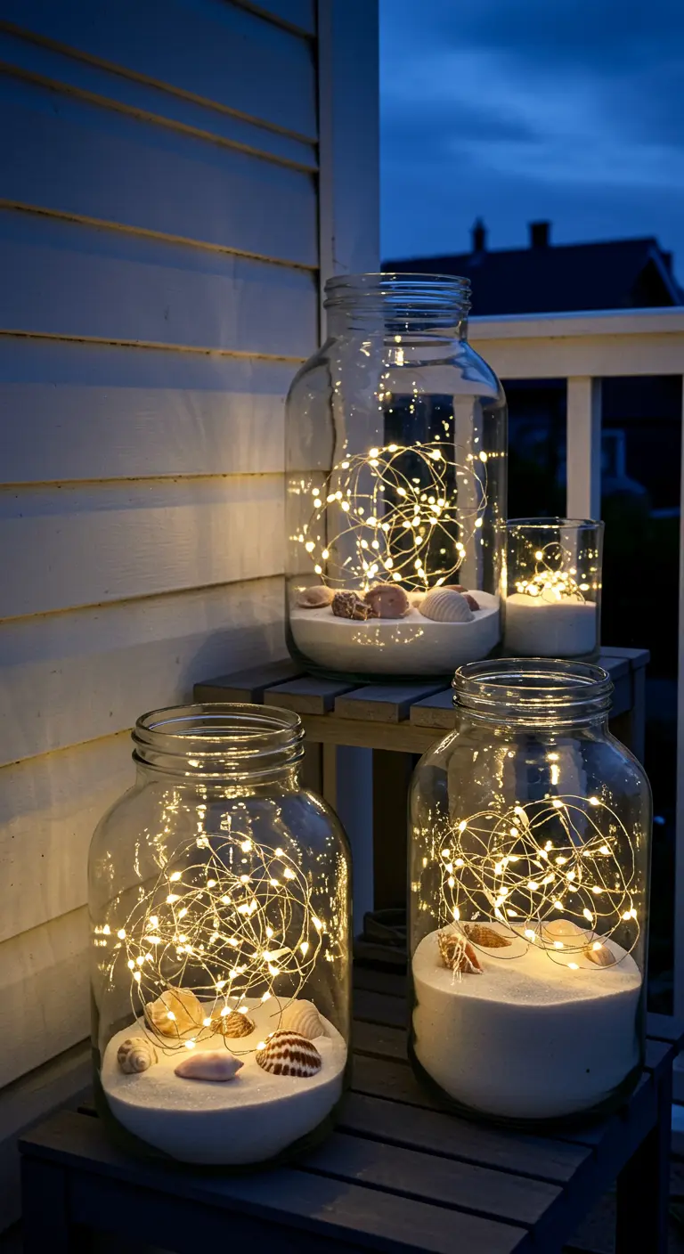 Grands bocaux en verre remplis de sable, de coquillages et de guirlandes lumineuses.