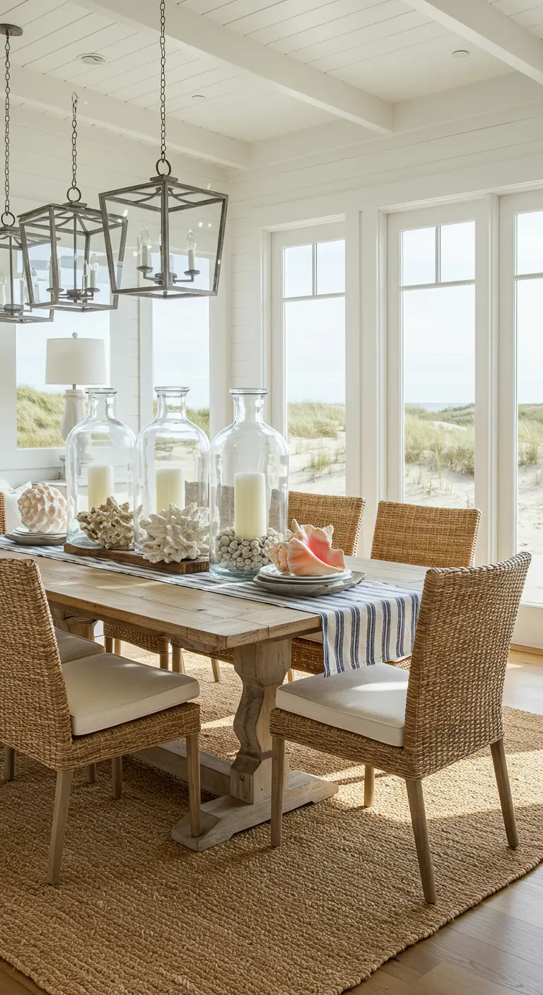 Centre de table marin avec grands vases en verre, bougies, corail et coquillages sur une table en bois.