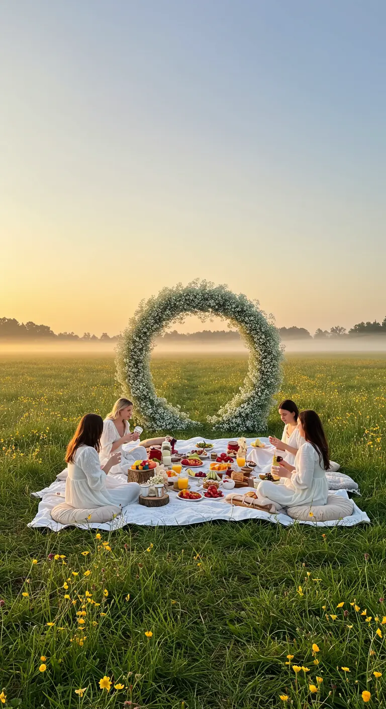 Groupe d'amis en blanc pique-niquant dans un champ à l'aube devant une grande couronne de gypsophile.