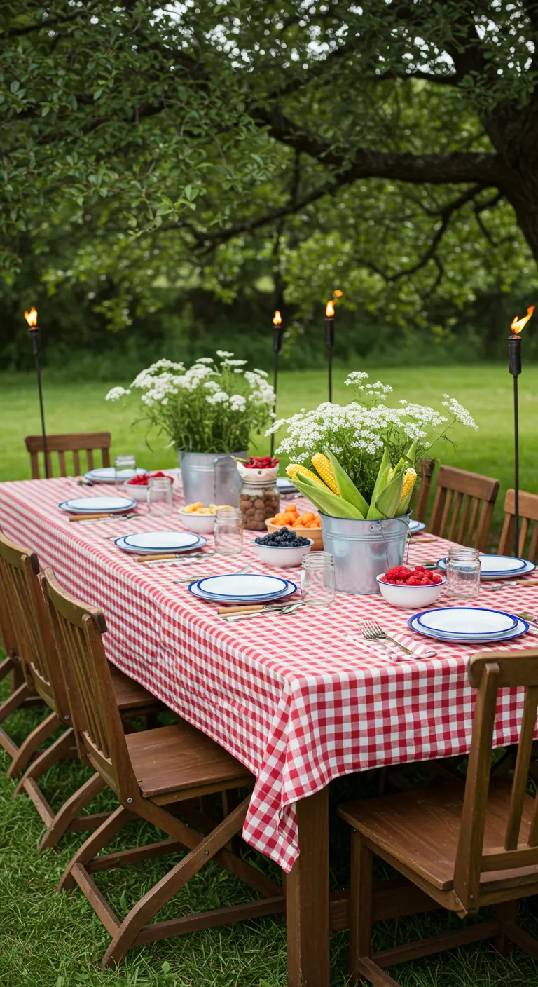 Table de pique-nique avec nappe à carreaux rouges, herbes sauvages, maïs et torches de jardin.