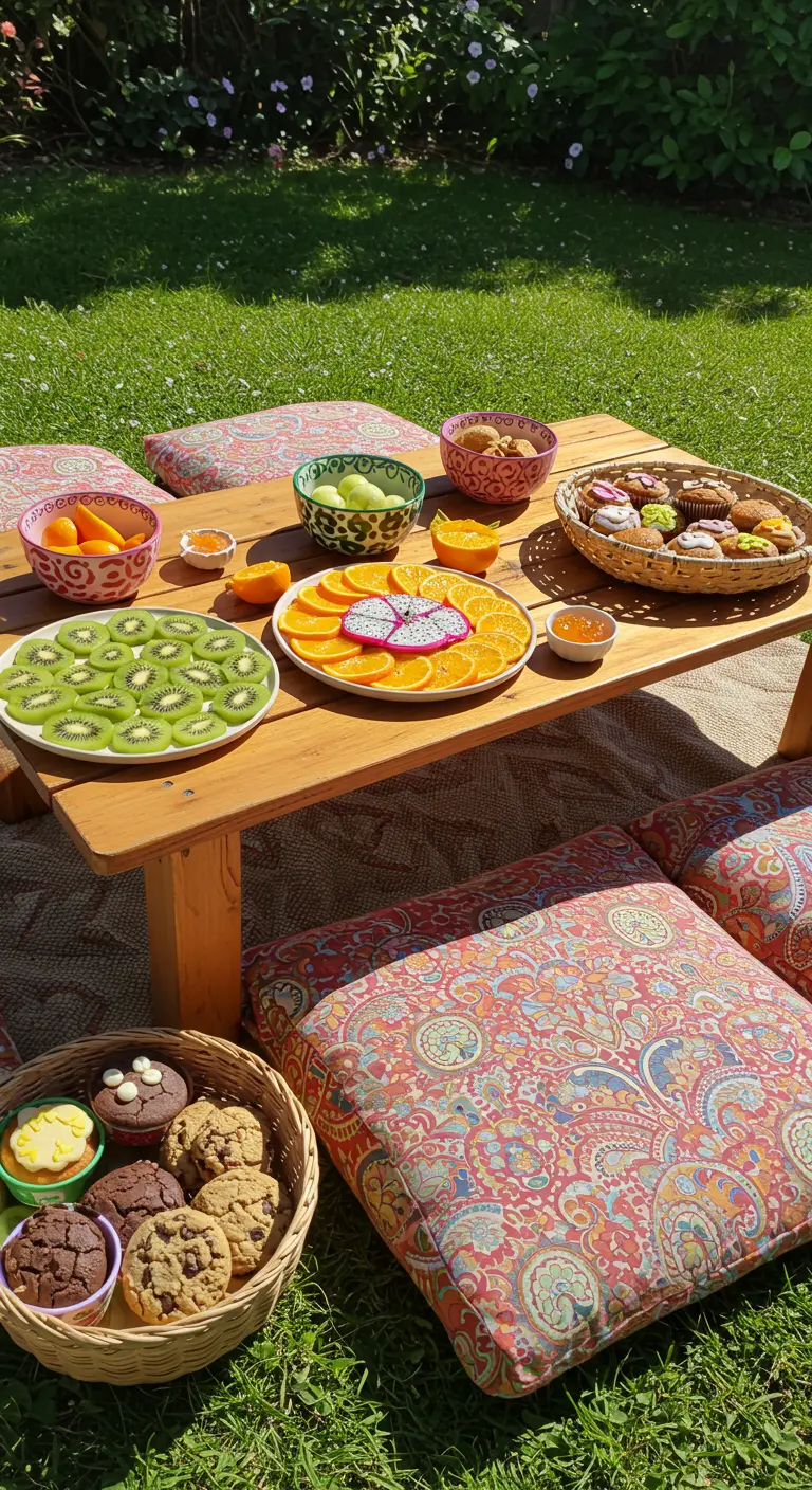 Table de pique-nique estival avec plateaux de fruits colorés, muffins et coussins de sol à motifs.