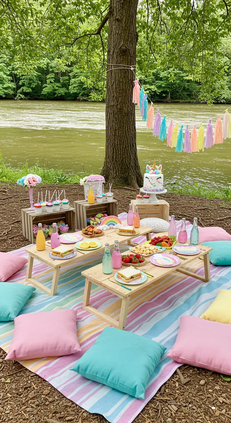 Pique-nique d'anniversaire licorne au bord d'une rivière, petites tables en bois et coussins.