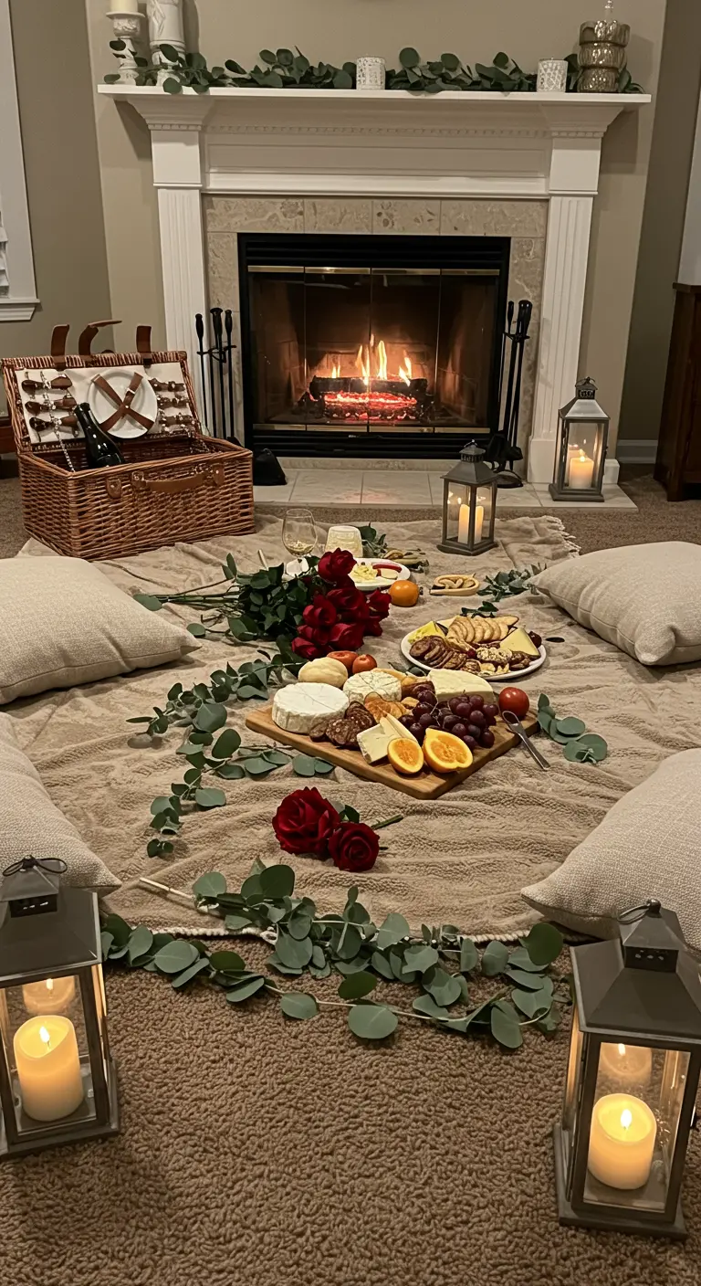 Pique-nique romantique au sol avec plateau de fromages, roses et lanternes.