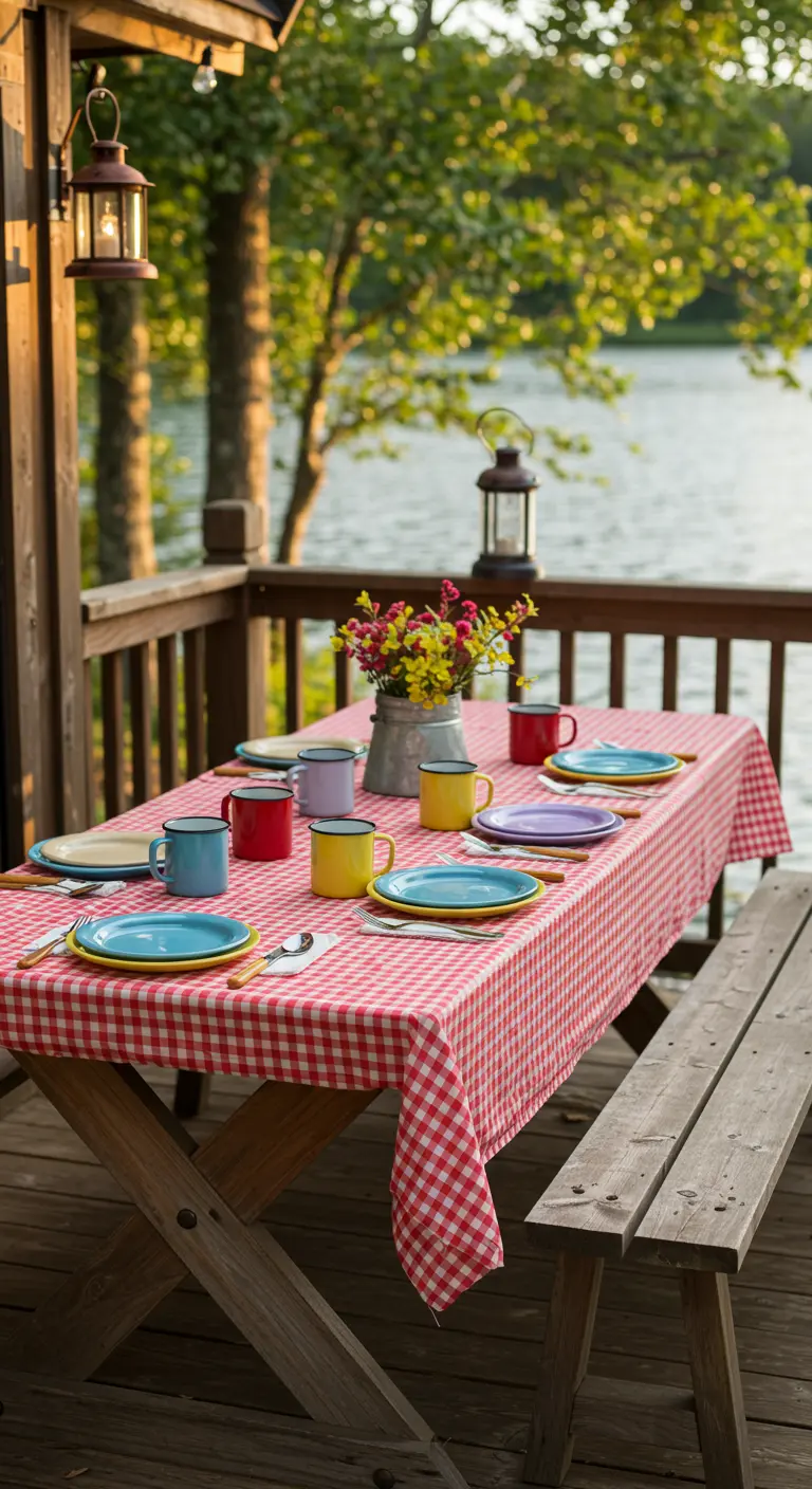 Table de pique-nique en bois avec nappe à carreaux rouge, vaisselle multicolore et vue sur le lac.
