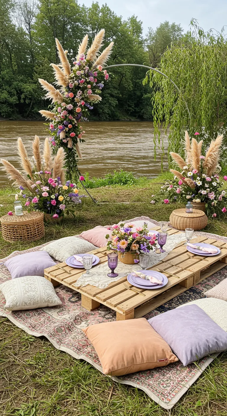 Pique-nique bohème au bord d'une rivière avec palettes, coussins pastel et herbe de la pampa.