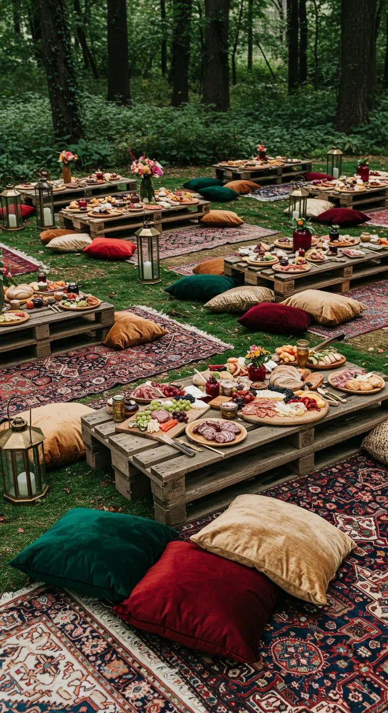 Pique-nique bohème dans l'herbe avec des tables basses en palettes, des tapis et des coussins.