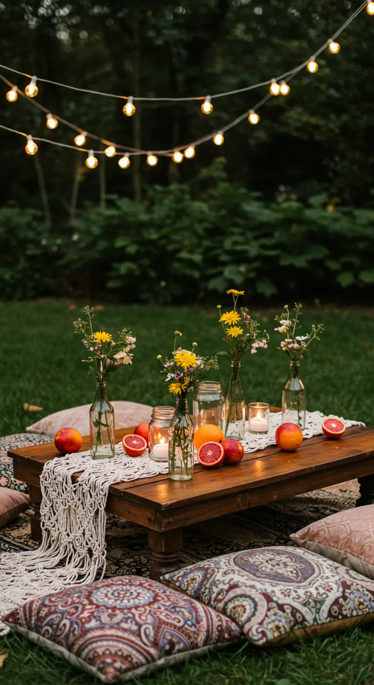 Table basse en bois sur l'herbe avec coussins, oranges sanguines et petites fleurs.