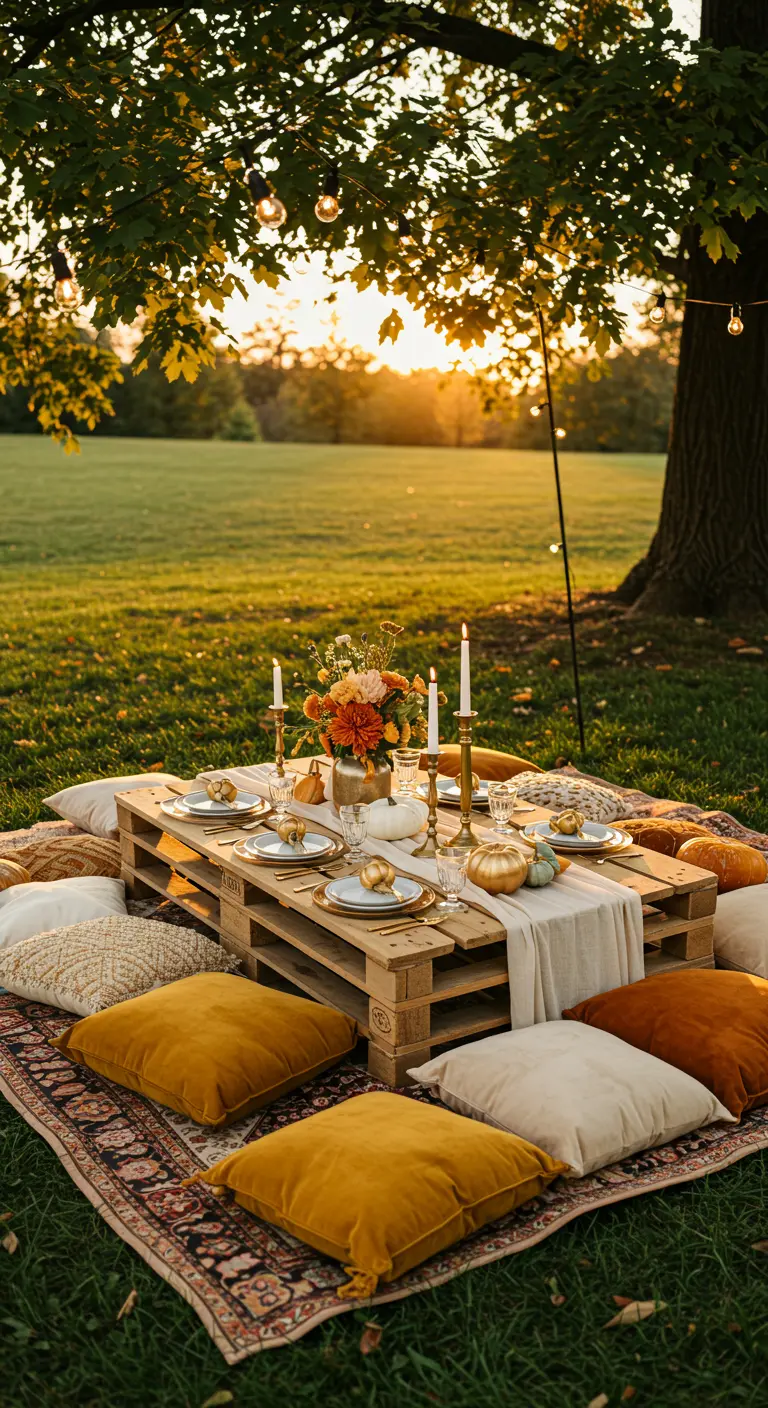 Pique-nique automnal chic avec table en palette, coussins et citrouilles dorées.