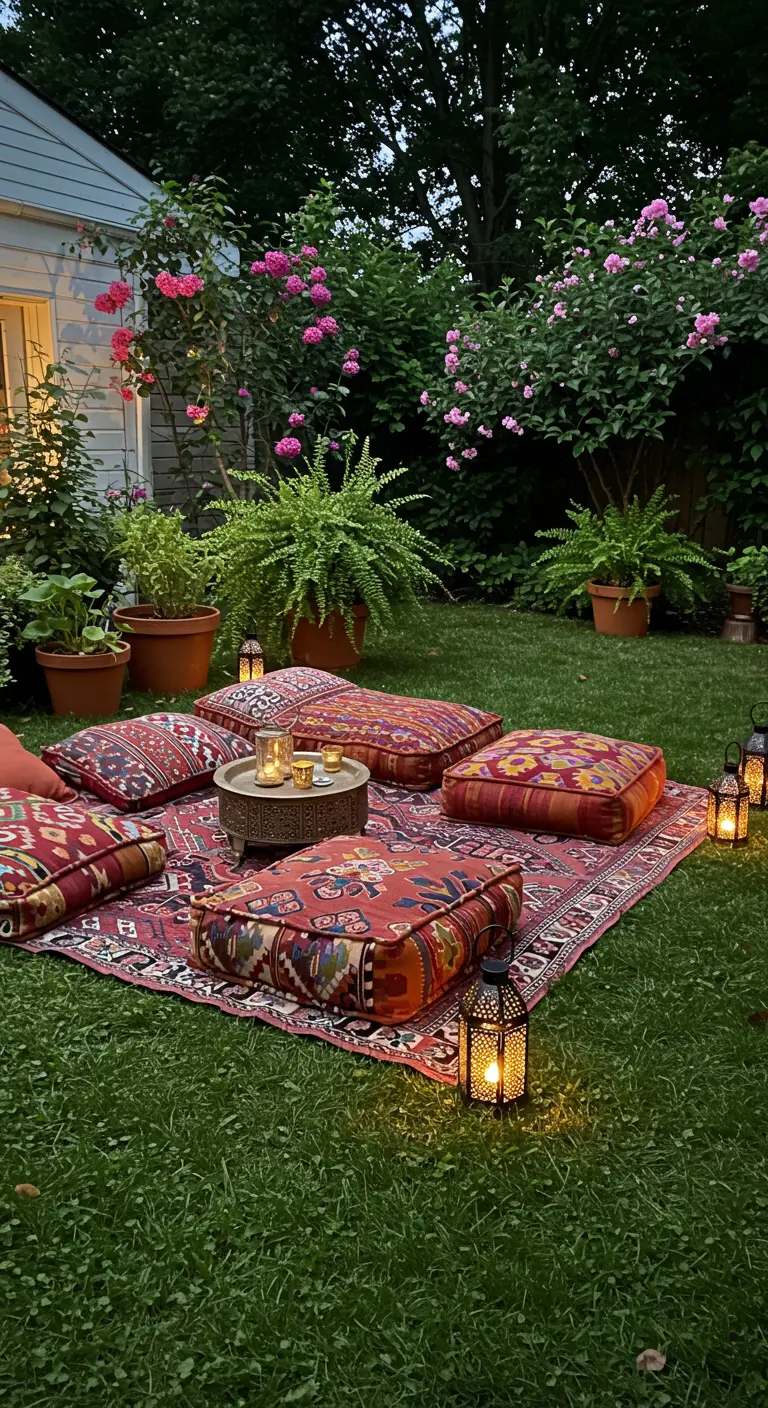 Pique-nique bohème sur l'herbe avec des coussins de sol et des lanternes.