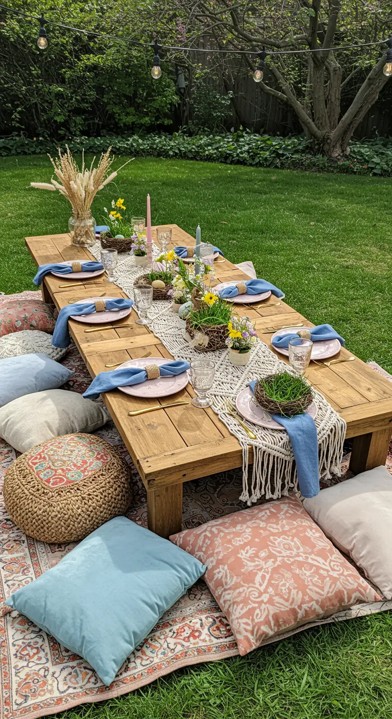 Pique-nique de Pâques bohème avec table basse en bois et coussins au sol.