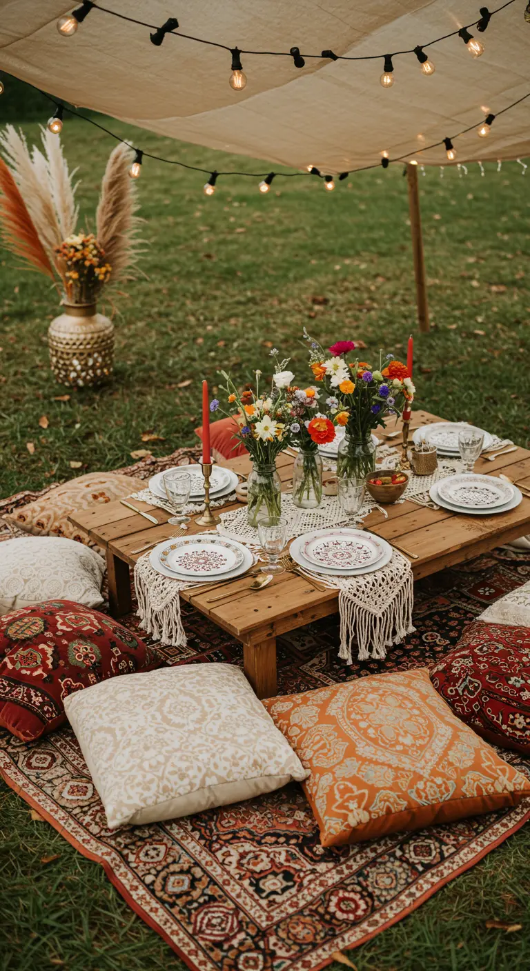 Pique-nique bohème avec table basse, tapis et coussins au sol.