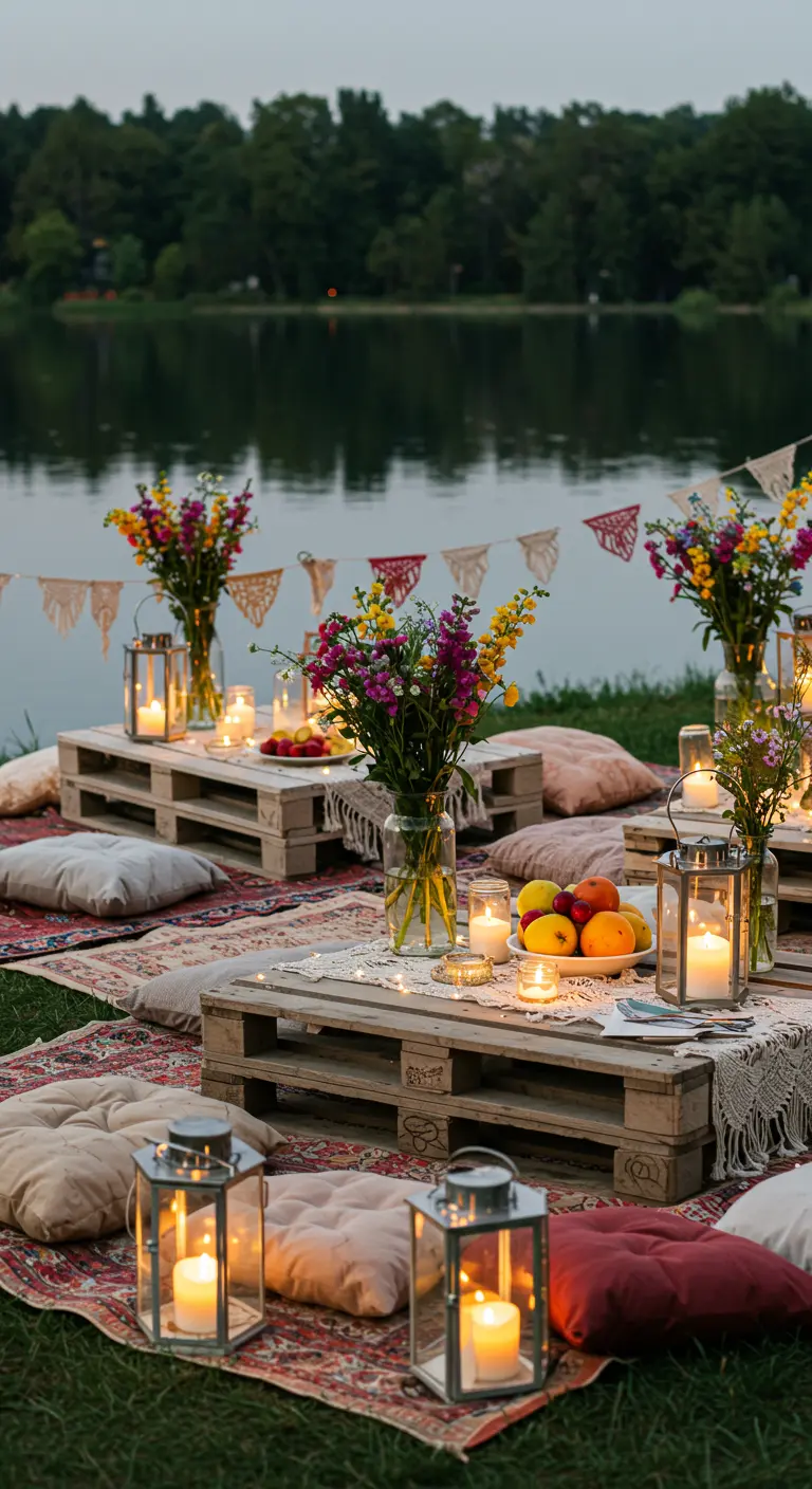 Pique-nique bohème au bord de l'eau avec tables basses en palettes, coussins, lanternes et bouquets sauvages.
