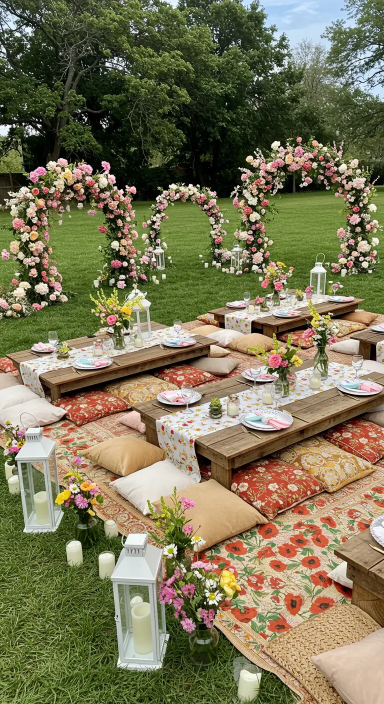 Pique-nique chic en plein air avec petites tables basses, coussins colorés et arches fleuries.