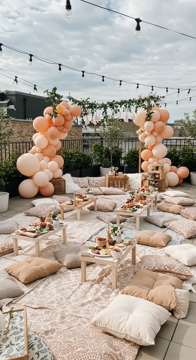 Terrasse avec pique-nique bohème, tables basses, coussins et arche de ballons pêche.