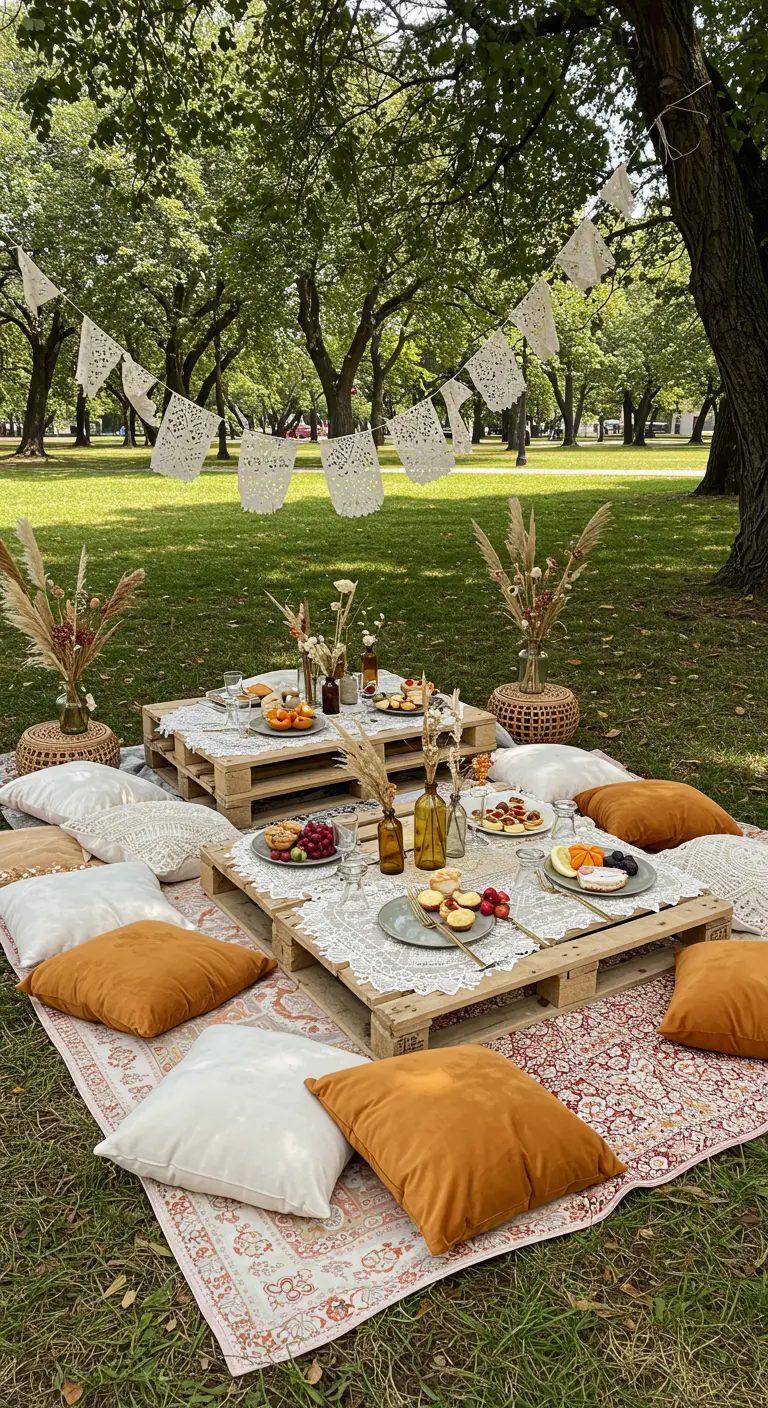 Pique-nique bohème chic avec tables basses en palettes, coussins moelleux et décoration florale séchée.