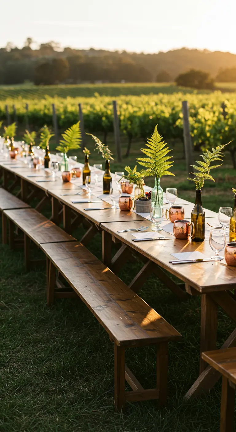 Table de pique-nique dans un vignoble avec fougères dans des bouteilles et mugs en cuivre.