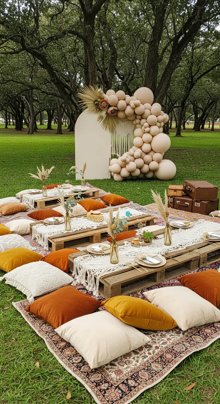 Pique-nique chic en plein air avec des tables basses, coussins moelleux et arche de ballons neutres.