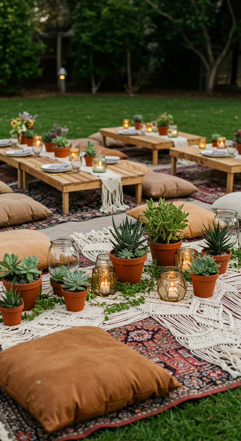 Pique-nique bohème au sol avec des coussins, des succulentes en pots et des bougies.