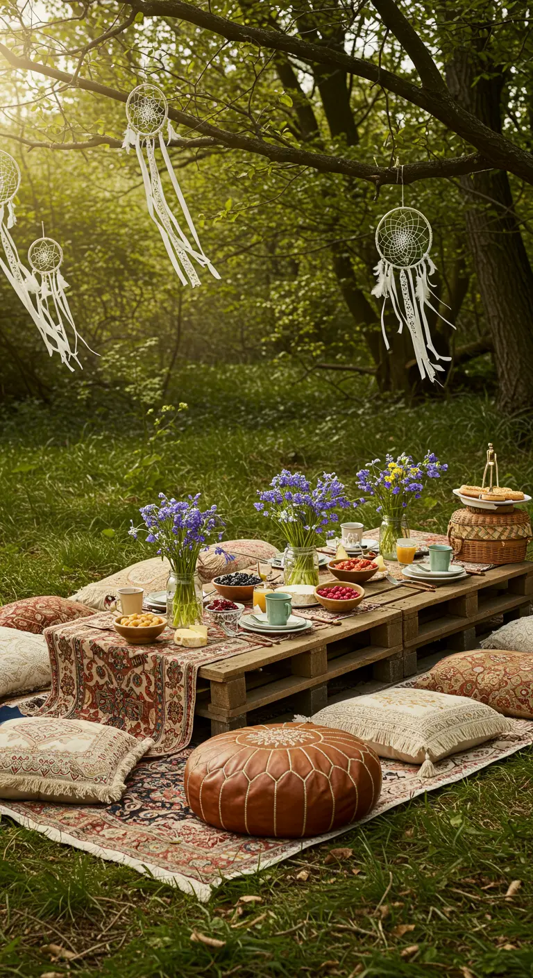 Pique-nique de Pâques bohème en forêt avec table basse en palettes, coussins, tapis et attrape-rêves suspendus.