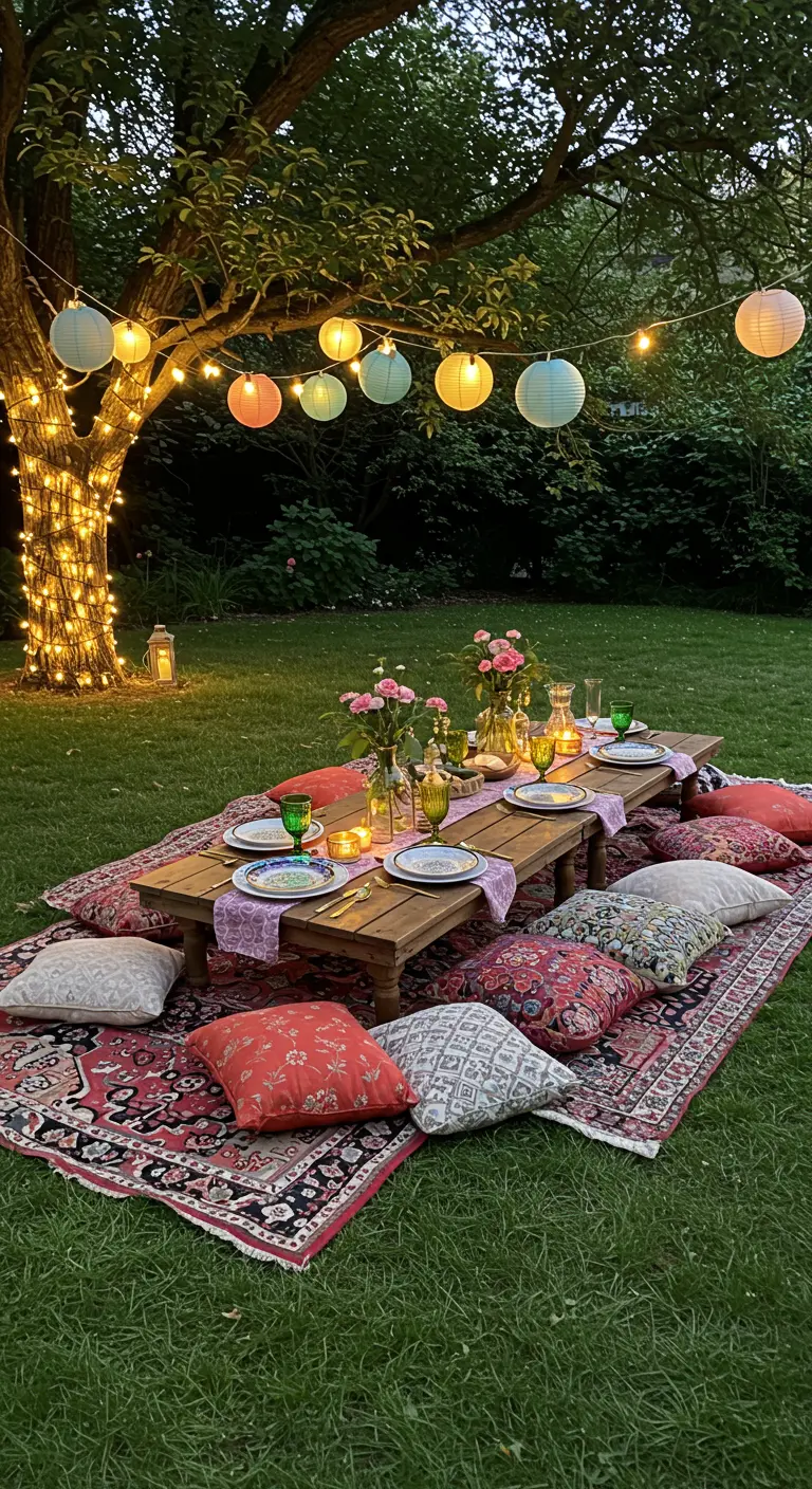 Pique-nique bohème dans un jardin éclairé par des lampions et guirlandes.