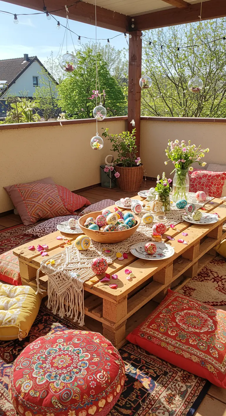 Brunch de Pâques bohème sur un balcon avec une table basse en palettes et des coussins colorés.