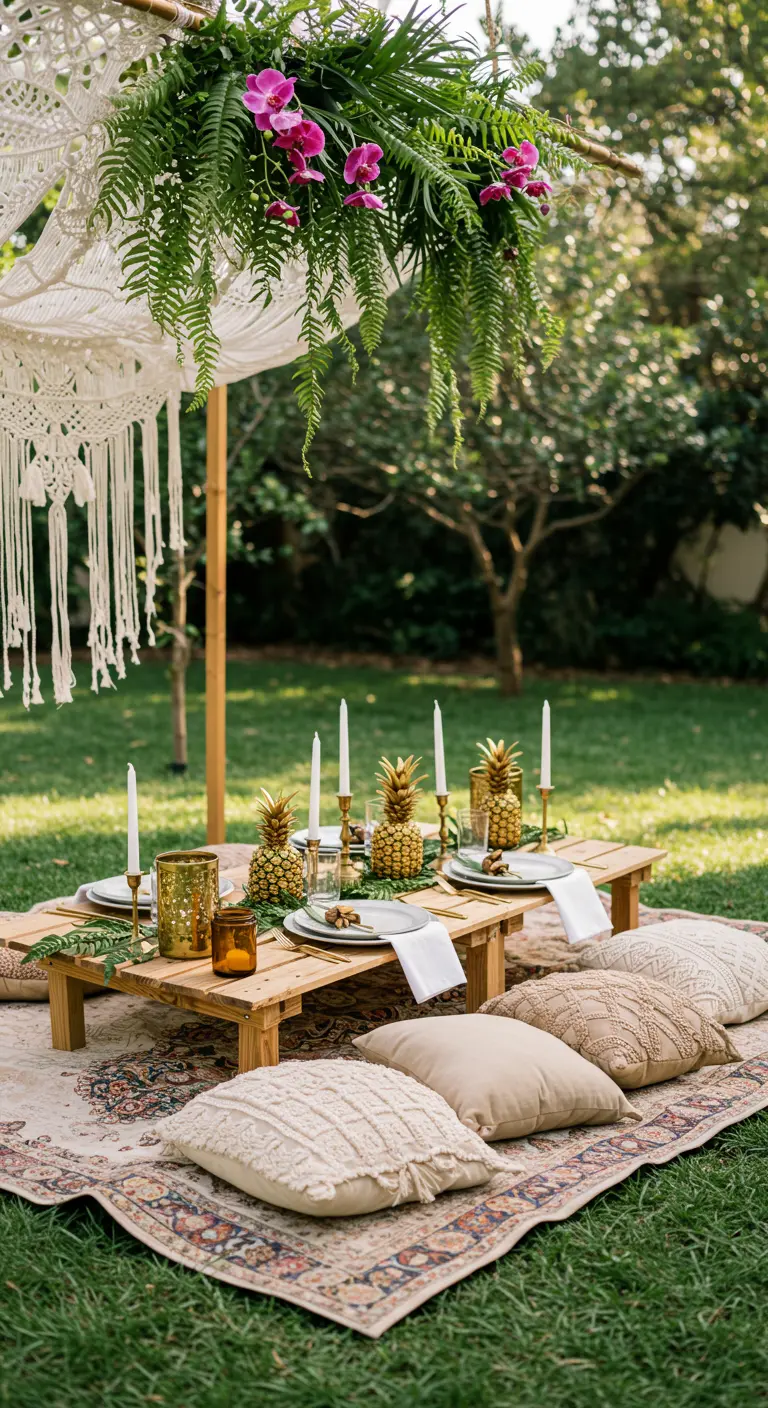 Pique-nique chic au sol avec tapis, coussins, macramé et ananas dorés.